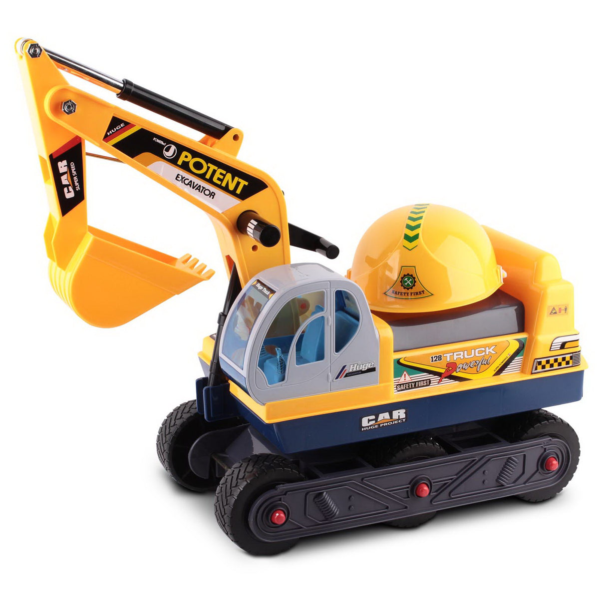 Kid Ride On Excavator on Wheels with Moving Bucket & Hard Hat