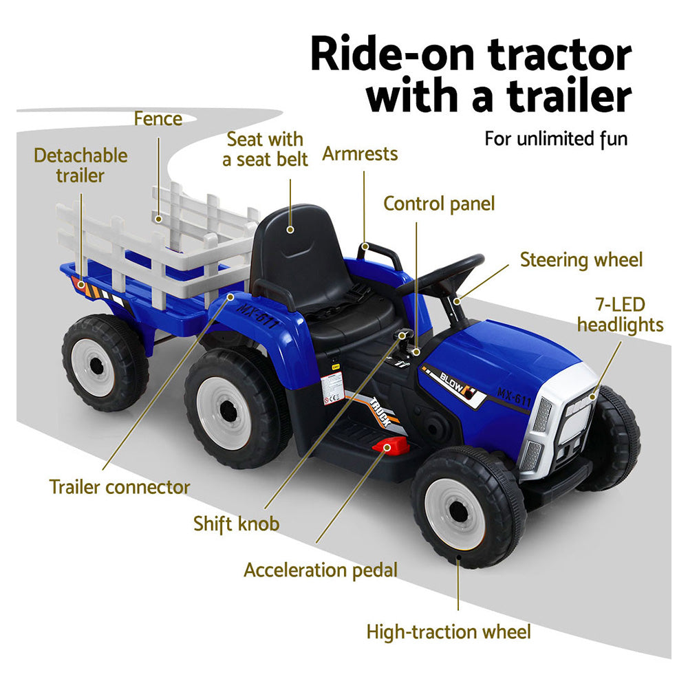 Rigo Kids Electric 12v Farm Tractor Trailer Ride-On Kids Car - Blue