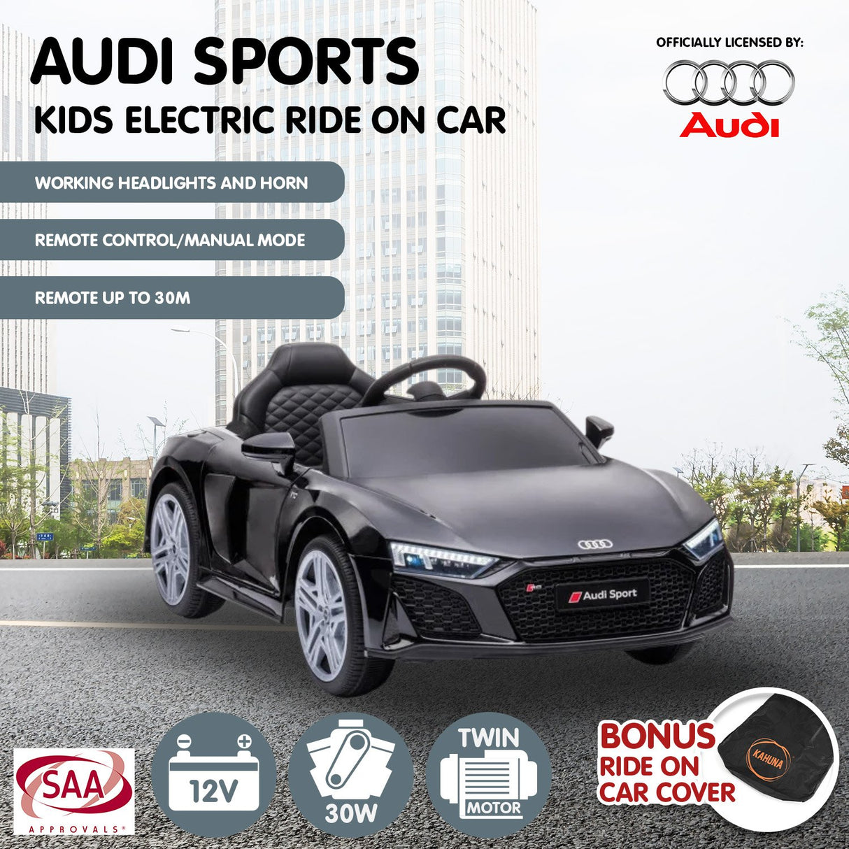 Kahuna R8 Spyder Audi Licensed 12v Electric Ride On Kids Car with Remote - Black