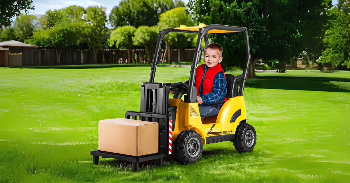 boy riding on a construction ride on toy 