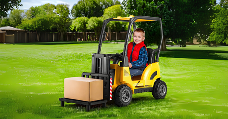 boy riding on a construction ride on toy 