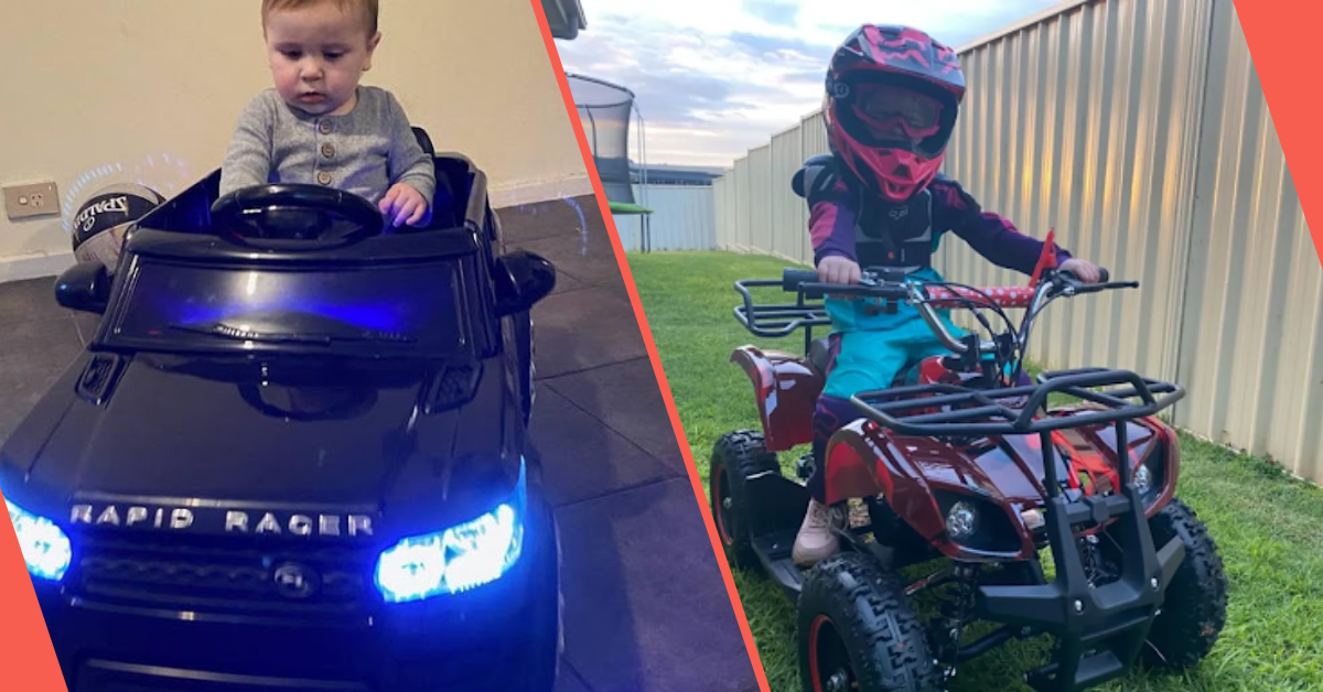 Split image of two kids riding different ride-on vehicles—on the left, a toddler in a black electric ride-on car with blue headlights indoors; on the right, a child wearing a helmet and full gear riding a red kids’ quad bike outside on grass.