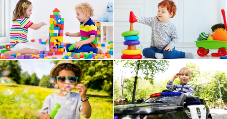 The images capture a mix of indoor and outdoor play, creativity, and early childhood development.