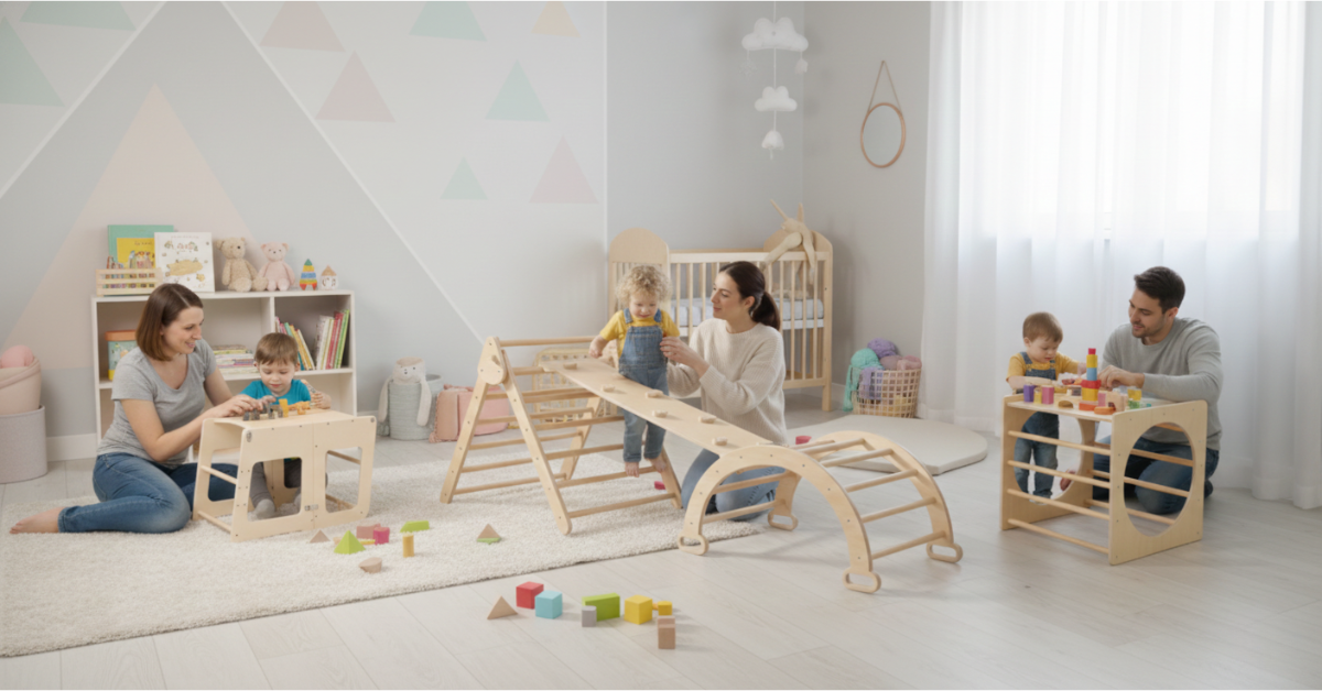 A photo of wooden Montessori toys: a toddler playing on a converted  learning tower, at a play cube, and sliding outdoors with parents.