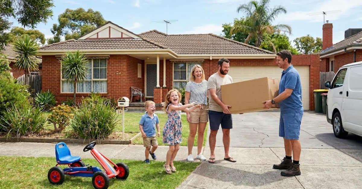 A delivery driver hands a large cardboard box to a smiling family outside their brick suburban house on a sunny day.