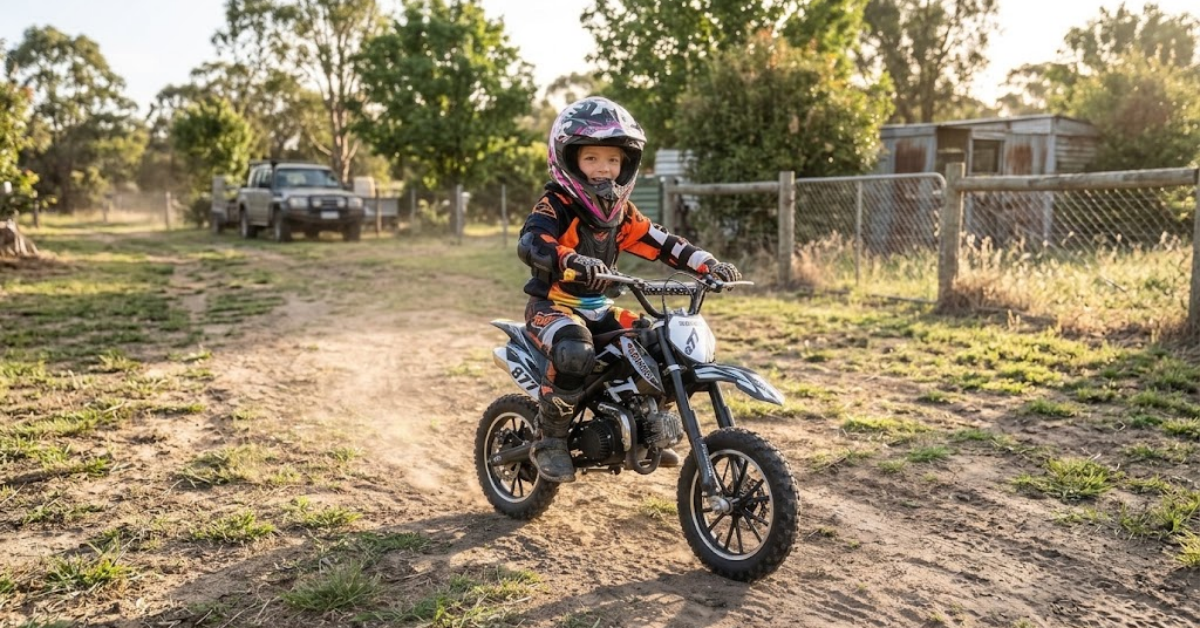 Child in a helmet and protective gear riding a small dirt bike along a dusty track in a sunny rural yard.