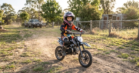 Child in a helmet and protective gear riding a small dirt bike along a dusty track in a sunny rural yard.