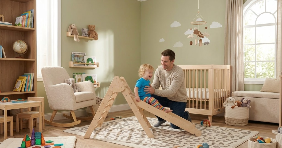 A father helps his toddler on a wooden climber in a bright, cozy Montessori-style nursery filled with natural toys.