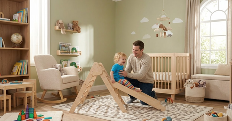 A father helps his toddler on a wooden climber in a bright, cozy Montessori-style nursery filled with natural toys.