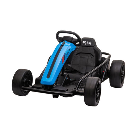  Black and blue electric go-kart with a sleek aerodynamic design, featuring a sturdy frame, racing-style seat, and thick rubber tyres for high-performance racing