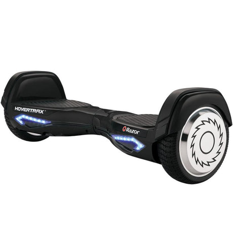 A black Razor Hovertrax hoverboard with LED lights on the front and stylish silver wheel covers, showcasing a sleek and modern design.