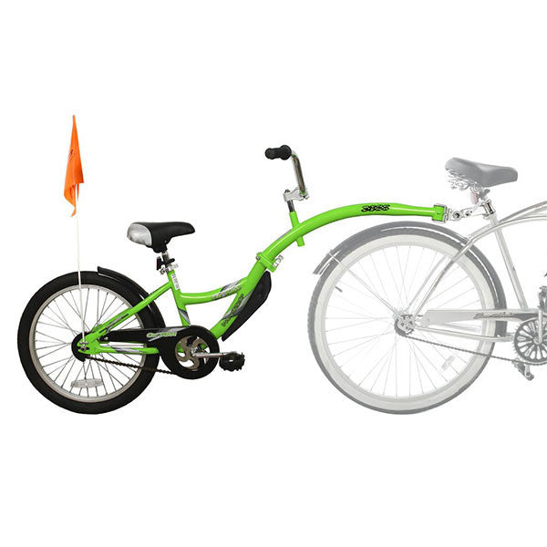 tag along bike with green frame and orange flag
