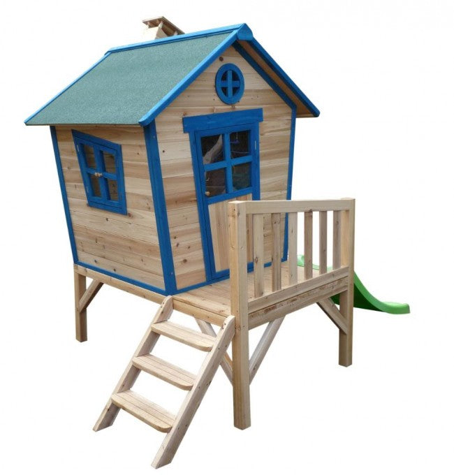 wooden cubby house with steps and blue roof