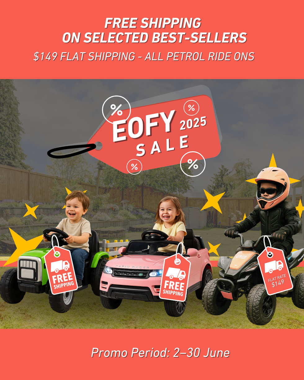 "EOFY 2025 sale banner featuring three kids riding electric and petrol ride-on vehicles in a backyard. Two ride-ons display 'Free Shipping' tags and one has a 'Flat Rate $149' tag. Promotional text above reads: 'Free Shipping on Selected Best-Sellers' and '$149 Flat Shipping – All Petrol Ride Ons'. Promo period: 2–30 June."