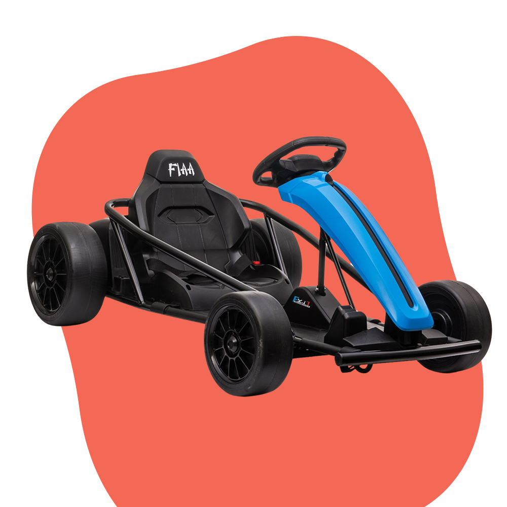 The go-kart displayed from a rear-left angle, focusing on the back of the seat and rear wheels, highlighting its comfortable seating design.