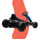 The same go-kart viewed from a front-left angle, emphasising its front wheels, sleek blue accents, and compact design.