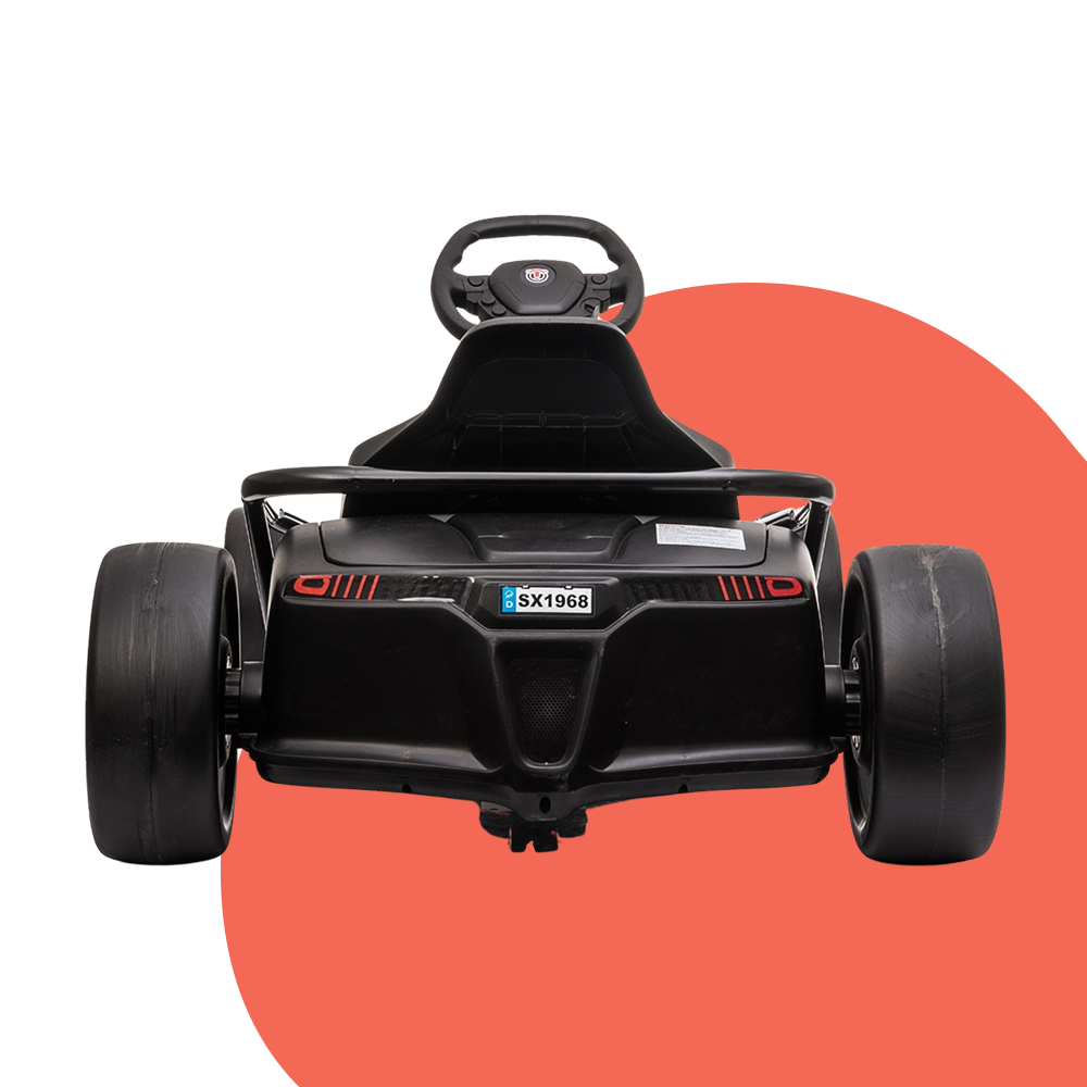  A blue and black electric drifting go-kart shown from a front view, showcasing its bold design with the steering wheel prominently visible.