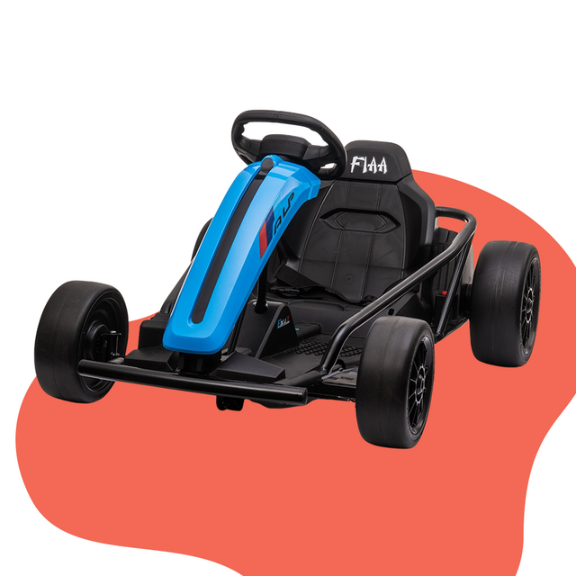 The go-kart shown from a low-angle rear-right perspective, focusing on the seat and back area with a partial view of the wheels.