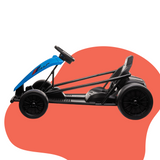 A side view of the go-kart, showing its aerodynamic design and low-profile frame, emphasising its sporty look.