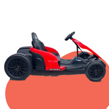 The go-kart from a direct left-side angle, focusing on its profile and overall aerodynamic design.