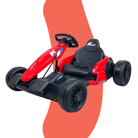 The same red and black go-kart, viewed from a slightly rear-left angle. This perspective highlights the rear wheels and the kart's compact build.