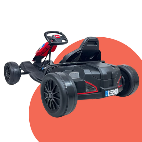 A red and black go-kart angled to showcase its front-left side, including the front wheels and steering wheel. The kart has a sporty design with a bold appearance.