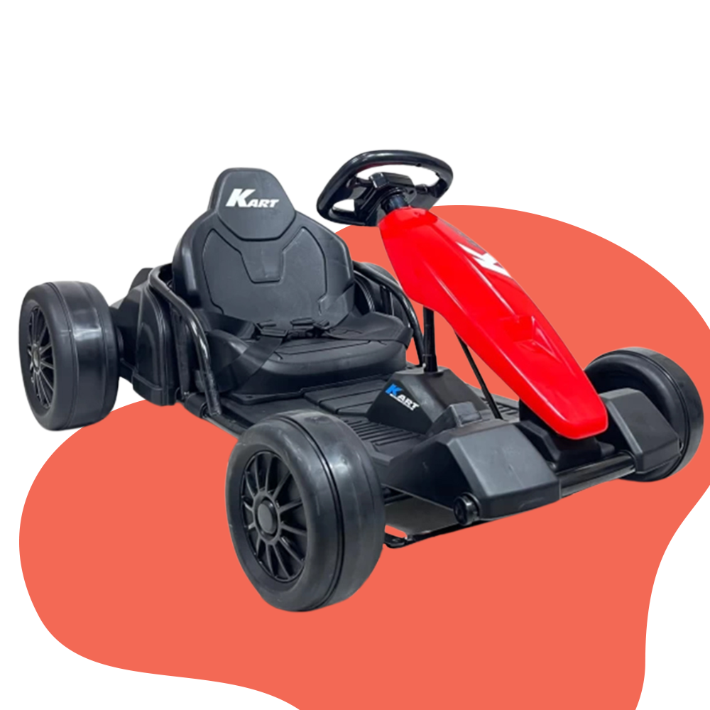 A front-facing view of the go-kart, presenting the bold red body and its overall symmetry, with both front wheels clearly visible.