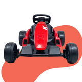 A rear view of the go-kart, focusing on its backrest, rear wheels, and the kart's sturdy build.