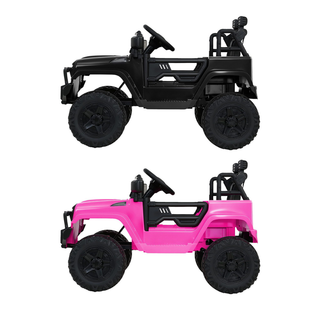 Black and pink toy off-road vehicles on a white background