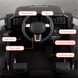 Top-down view of a black children's ride-on vehicle interior with labeled callouts pointing to controls and parts, including Music button, Horn, Light switch, Power switch, Forward/reverse, Functional dashboard, and Accelerator pedal.