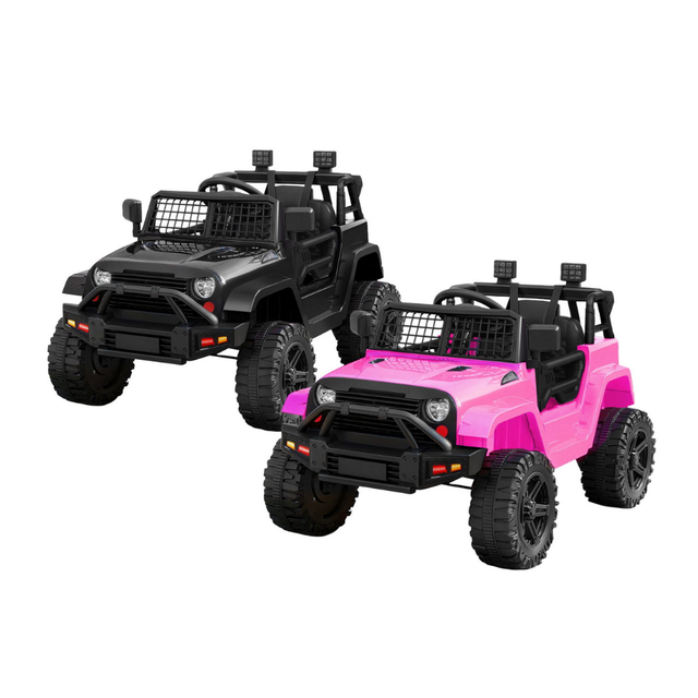 Two toy off-road jeep-style ride-on vehicles on a plain white background, one in black and one in bright pink. Both have black roofs, bumpers, and wheels, with small orange reflectors and roof-mounted light bars.
