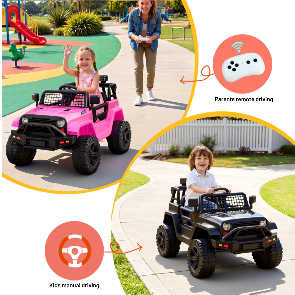A collage showing two children driving toy off-road vehicles outdoors on a paved path, with circular callouts explaining remote control and manual control features. One vehicle is bright pink and the other is black, with a woman standing nearby in the top-left panel.