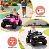 A collage showing two children driving toy off-road vehicles outdoors on a paved path, with circular callouts explaining remote control and manual control features. One vehicle is bright pink and the other is black, with a woman standing nearby in the top-left panel.