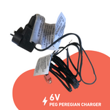 6V Peg Peregian Charger with Plug and Cables - Reliable replacement charger featuring a compact design, labeled instructions, and secure connectors for easy charging of compatible devices