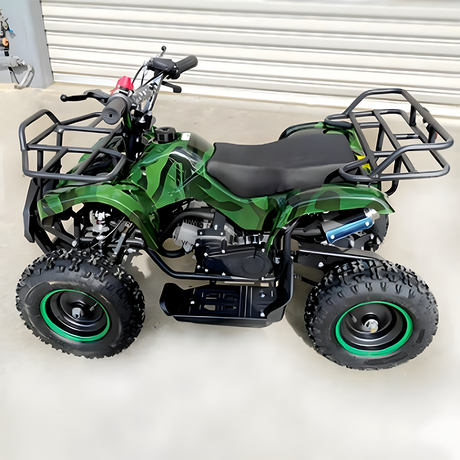 Side view of Green camouflage mini quad bike