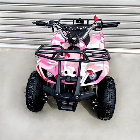 Front view of Pink camouflage mini quad bike