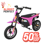 Pink and black children's dirt bike with promotional text on a white background
