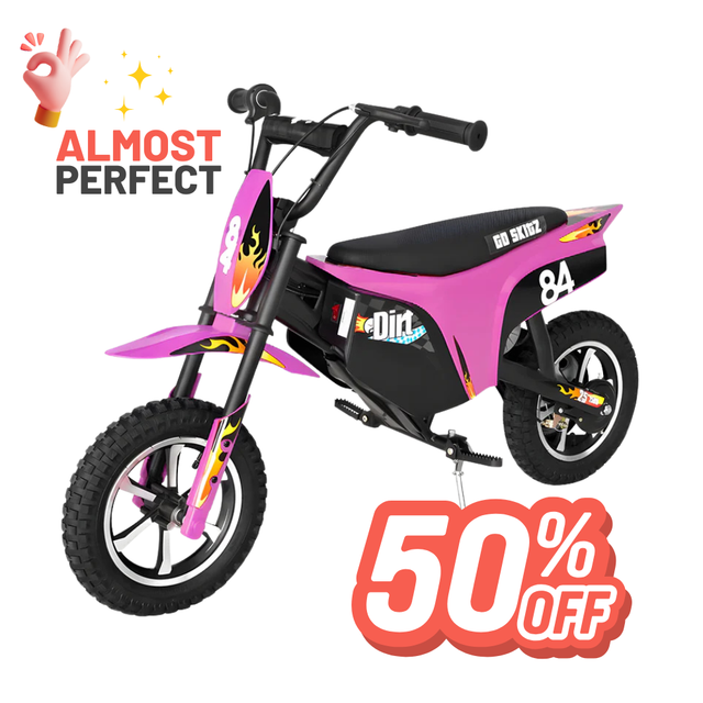 Pink and black children's dirt bike with promotional text on a white background