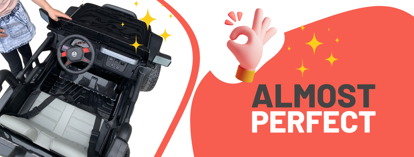 Toy car with a steering wheel and dashboard, next to a hand giving an 'OK' sign with text 'ALMOST PERFECT'.