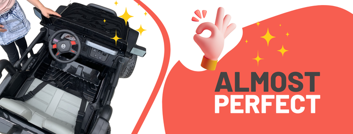 Toy car with a steering wheel and dashboard, next to a hand giving an 'OK' sign with text 'ALMOST PERFECT'.