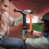 A woman adjusts the steering height of a lime green BERG Nexo 3-wheel scooter for a child in a tunnel.