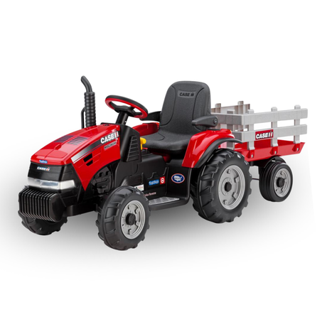 Red and black toy tractor with a trailer on a white background