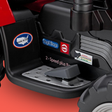 Close-up of a toy tractor's pedal with brand logos on a red background