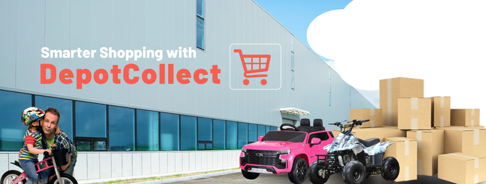 Promotional banner for DepotCollect with a father and child near a building, pink toy car, and boxes.