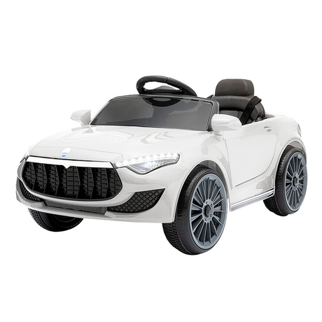 White ride-on sports car toy for kids, featuring sleek design, LED headlights, and a comfortable seat with safety harness