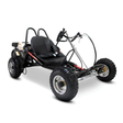 A black go-kart with a single black seat, roll bars, and four off-road tires, photographed on a clean white background.