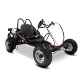 A black go-kart with a single black seat, roll bars, and four off-road tires, photographed on a clean white background.