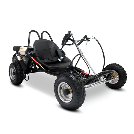 A black go-kart with a single black seat, roll bars, and four off-road tires, photographed on a clean white background.