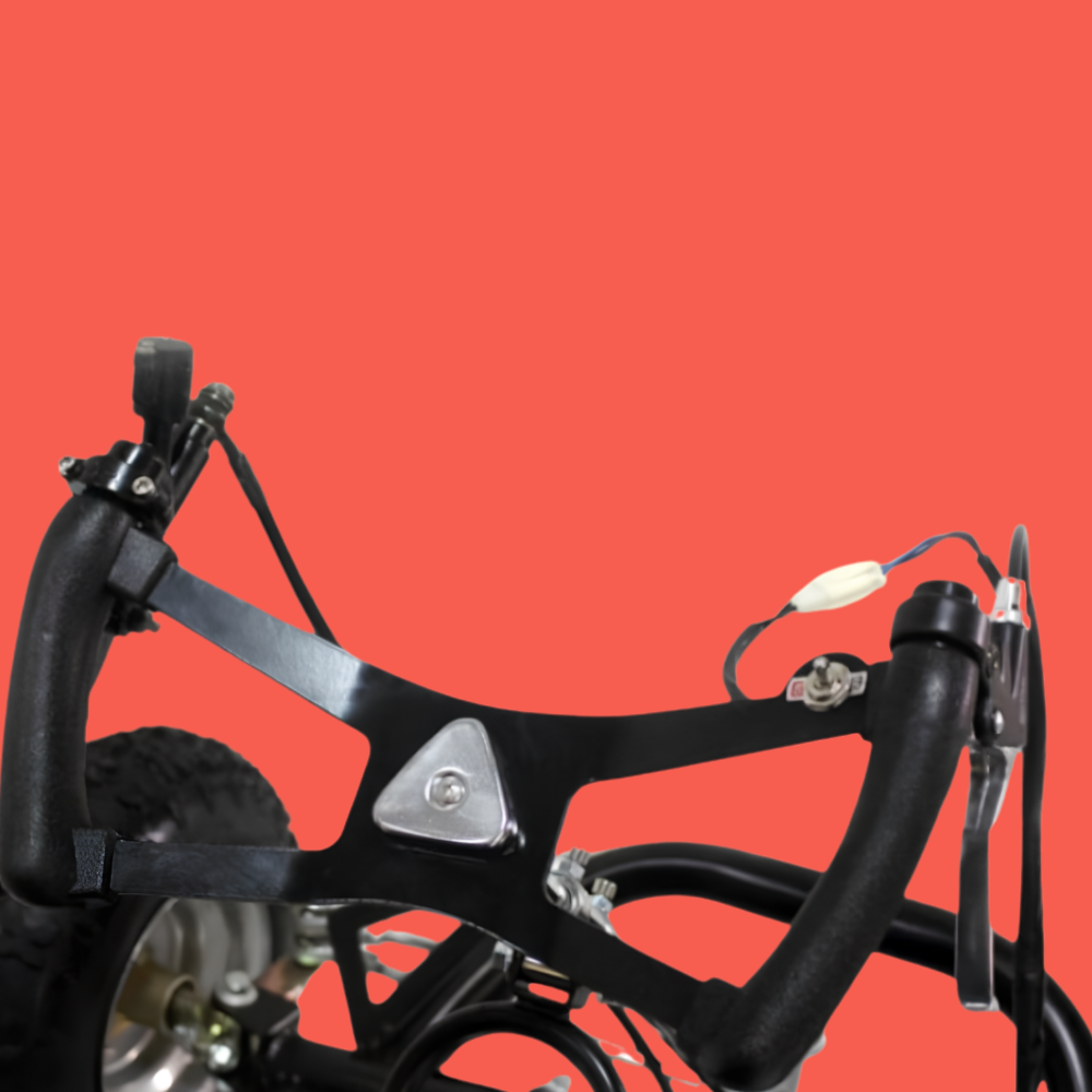 Close-up of a black bicycle frame with handlebars, brake levers, and a small white bulb or connector, shown against a solid red background.