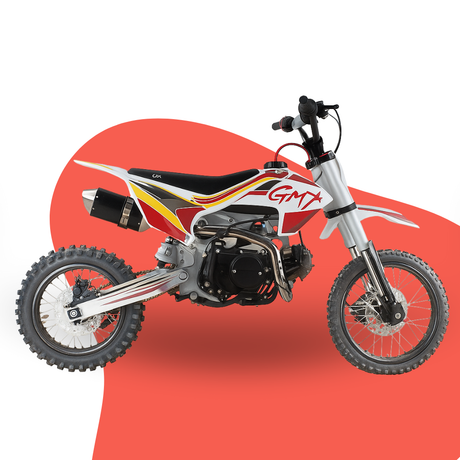 GMX 125cc dirt bike with red, black, and yellow graphics displayed on a white and red abstract background.

